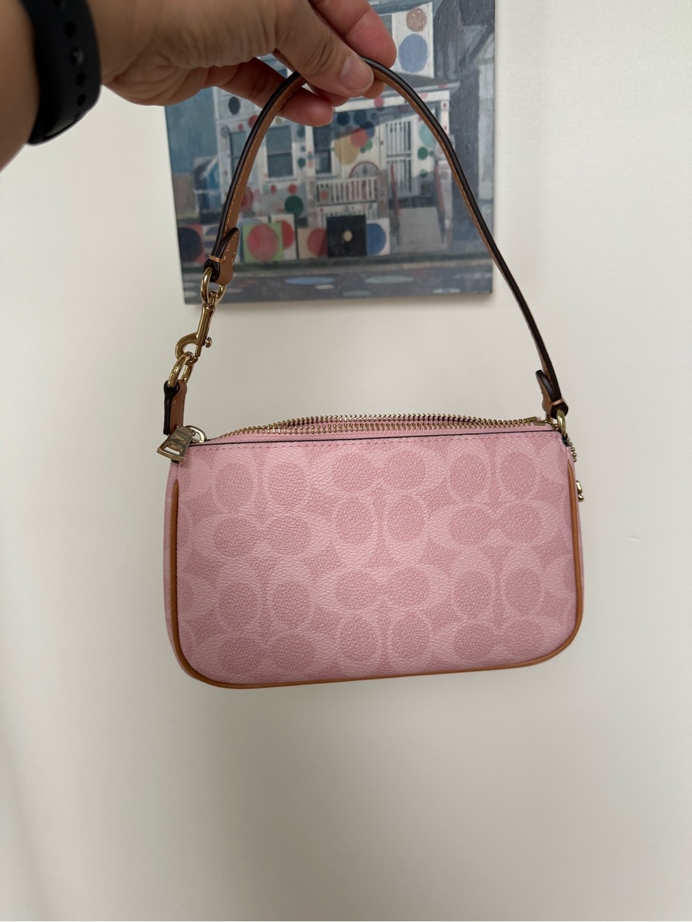 Coach Pink Signature Mini Shoulder Bag with Brown Trim - Picture 2 of 5